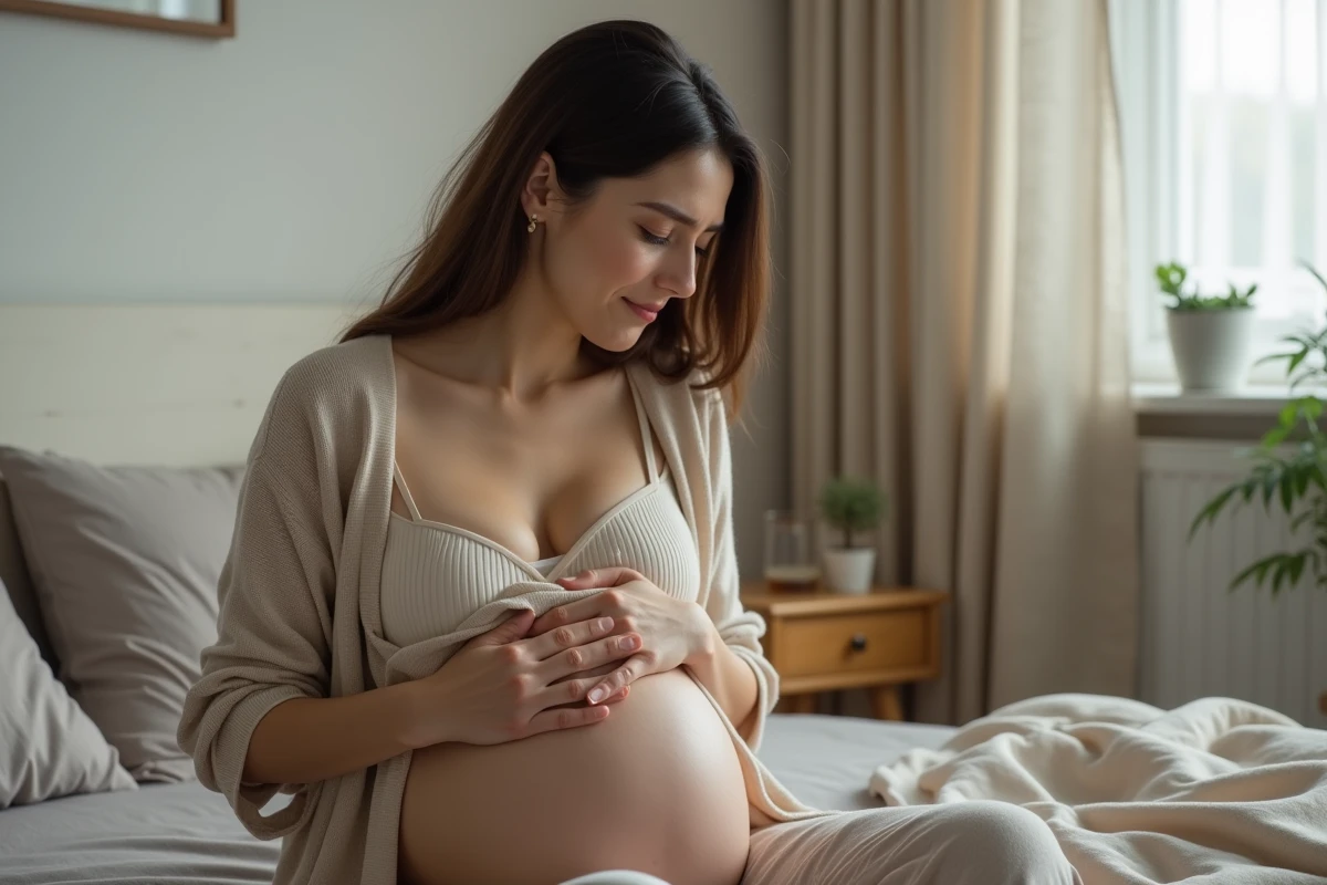 Jeune femme soulagée une douleur liée à la montée de lait sans allaitement, assise sur un lit dans une chambre apaisante