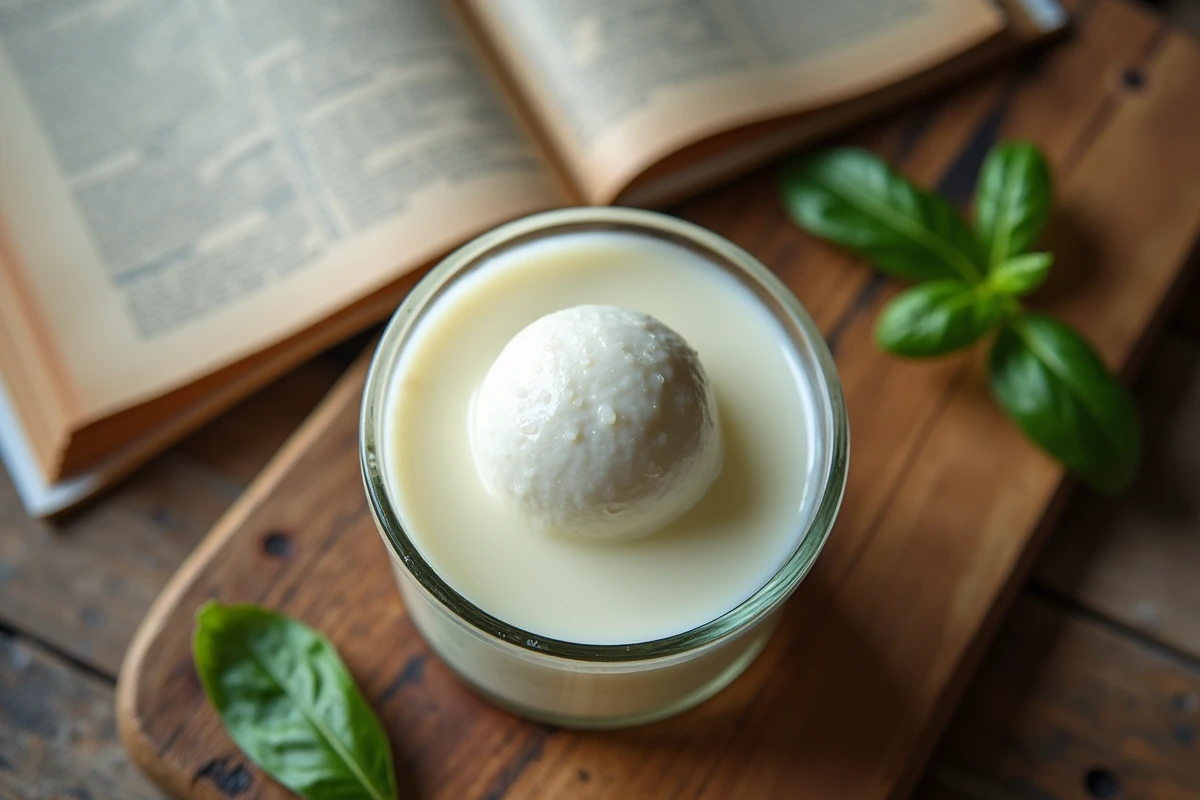 Mozzarella di bufala fraîche dans son lactosérum posée sur une table en bois avec un livre de nutrition pour femmes enceintes