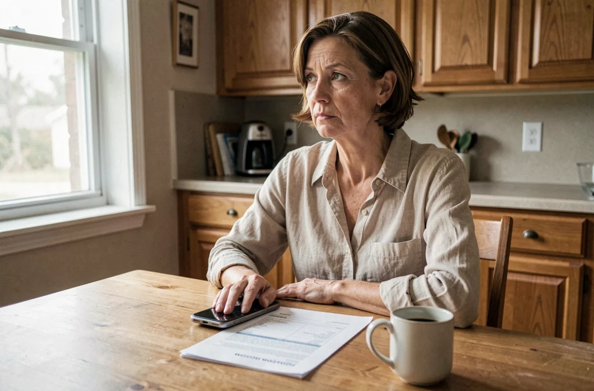 Une femme assise à une table de cuisine devant un formulaire incomplet et un téléphone retourné, illustrant l'erreur de ne pas déclarer la dispense de recherche d'emploi à France Travail