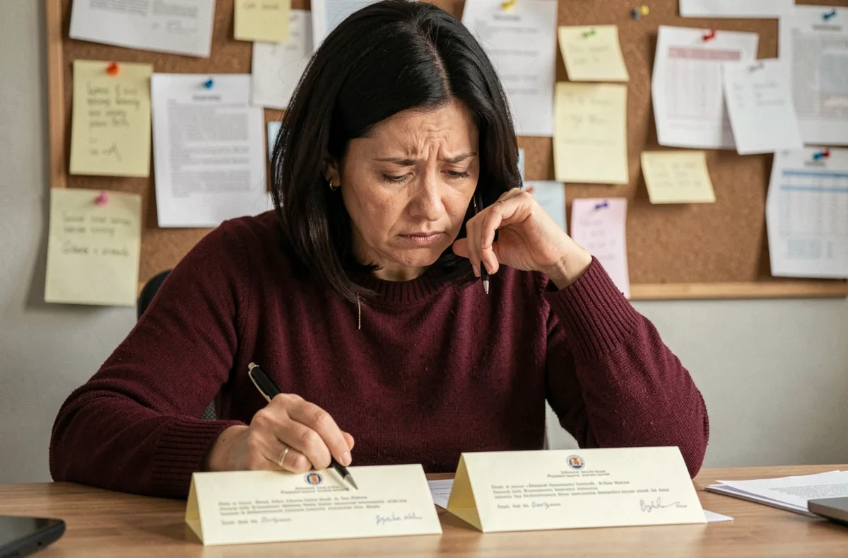 Une femme devant deux enveloppes officielles destinées à des organismes différents illustrant l'erreur d'oublier de notifier simultanément la CPAM et France Travail