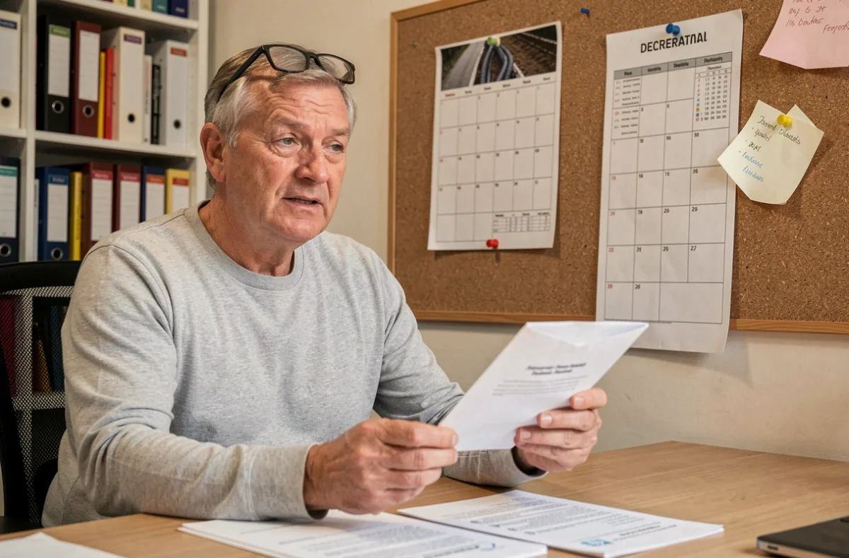 Un homme devant un calendrier de déclaration annuelle et une enveloppe administrative non cachetée, illustrant l'erreur de méconnaître les obligations déclaratives annuelles liées à l'invalidité et au chômage