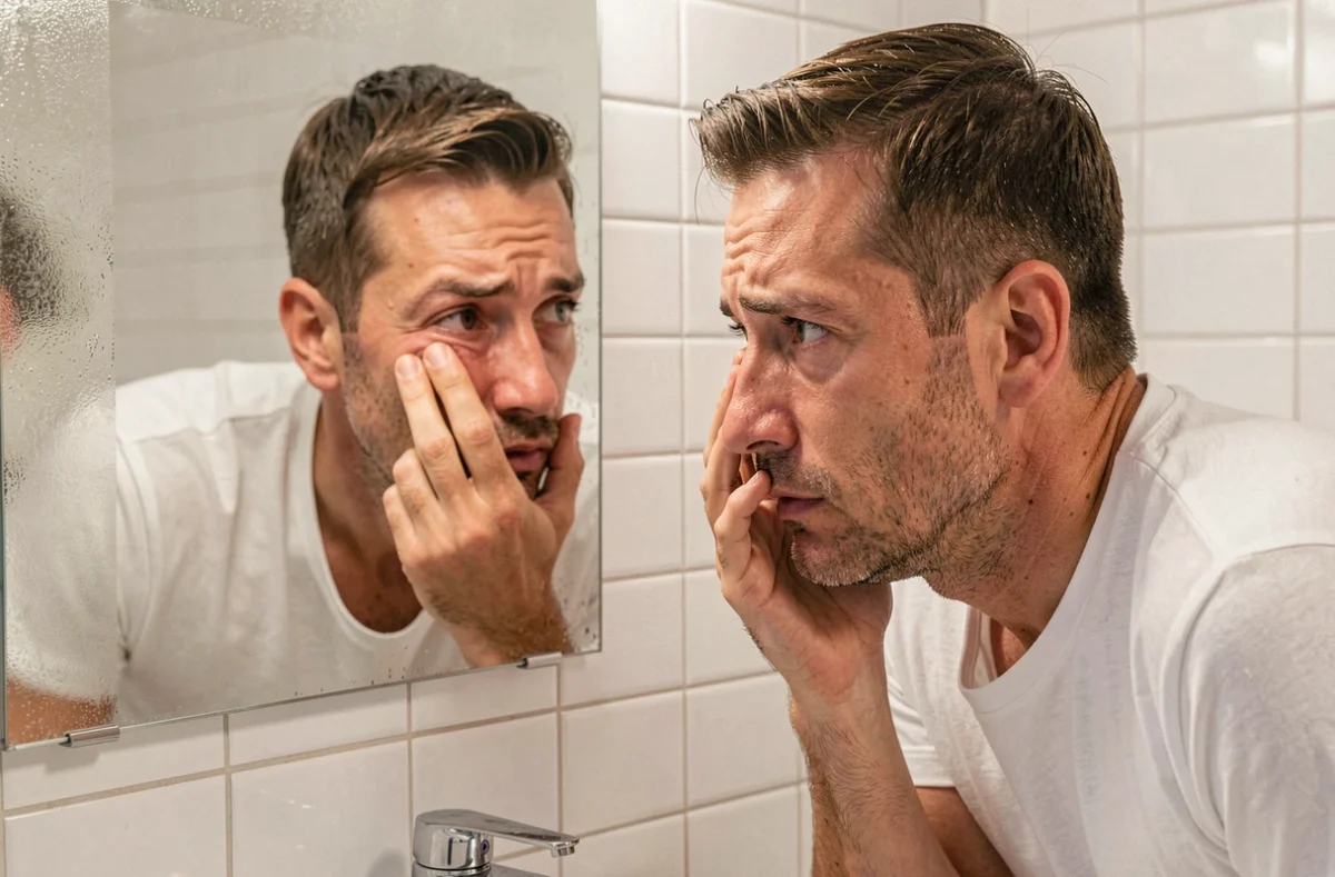 Homme examinant son œil gauche gonflé dans un miroir de salle de bain le matin