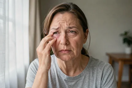 Femme touchant son œil droit gonflé d'un seul côté, assise près d'une fenêtre dans un intérieur moderne