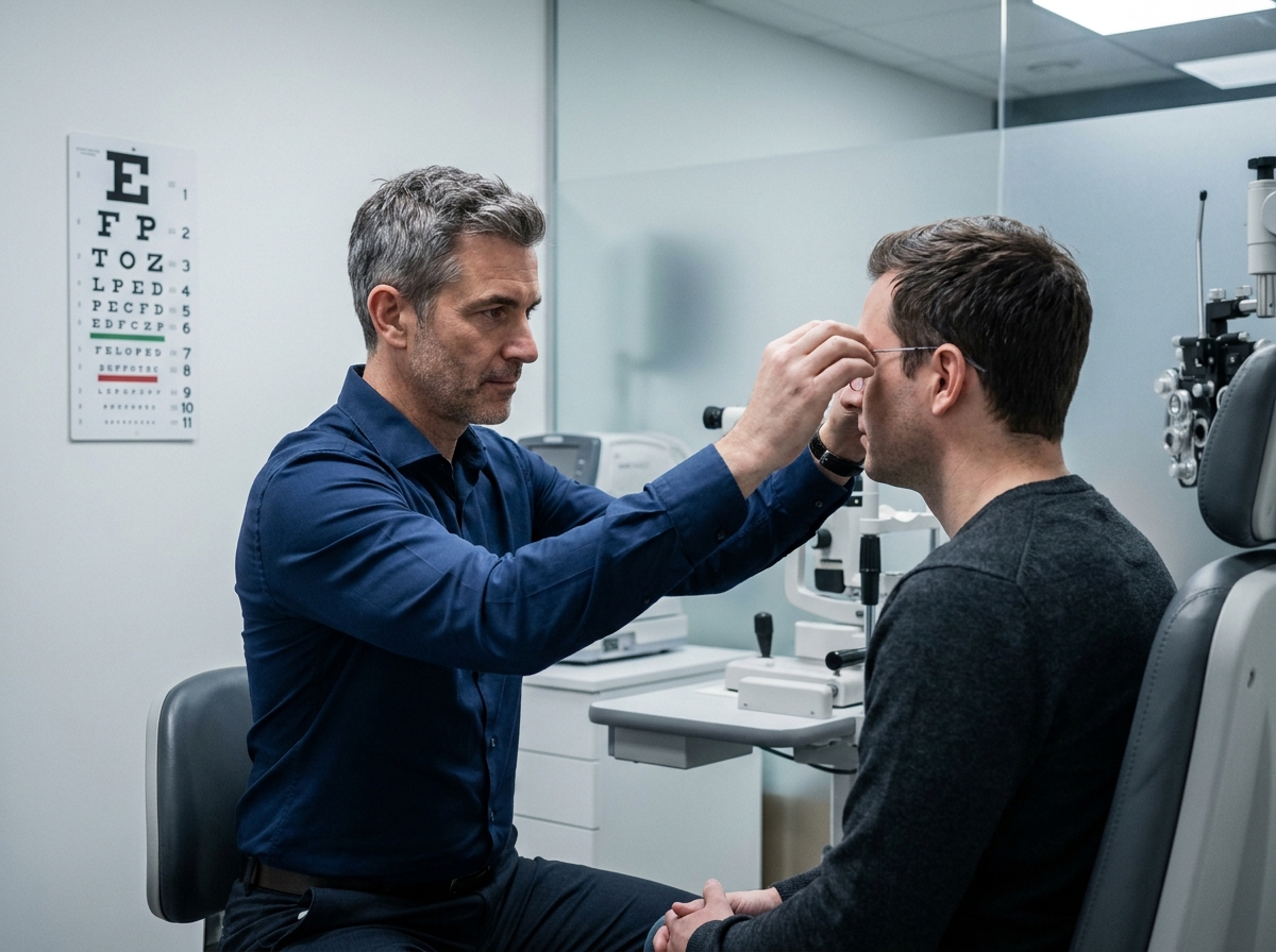 Opticien professionnel ajustant des lunettes sans monture sur un client dans une salle d'examen à Brest