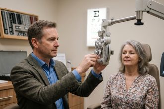 Opticien homme ajustant un phoroptère devant une patiente
