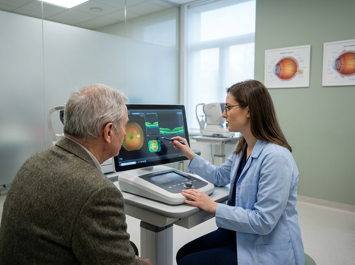 Opticienne jeune examinant des scans de r&eacute;tine num&eacute;riques