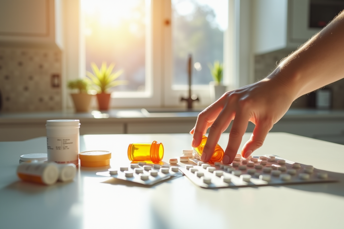 Main organisant des médicaments sur un plan de cuisine lumineux