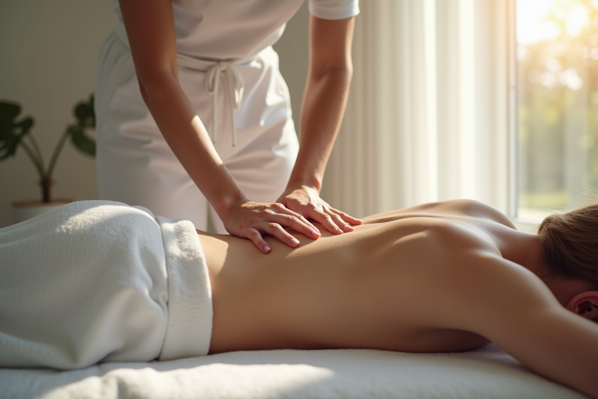 Ostéopathe réalisant un ajustement dorsal sur un patient détendu