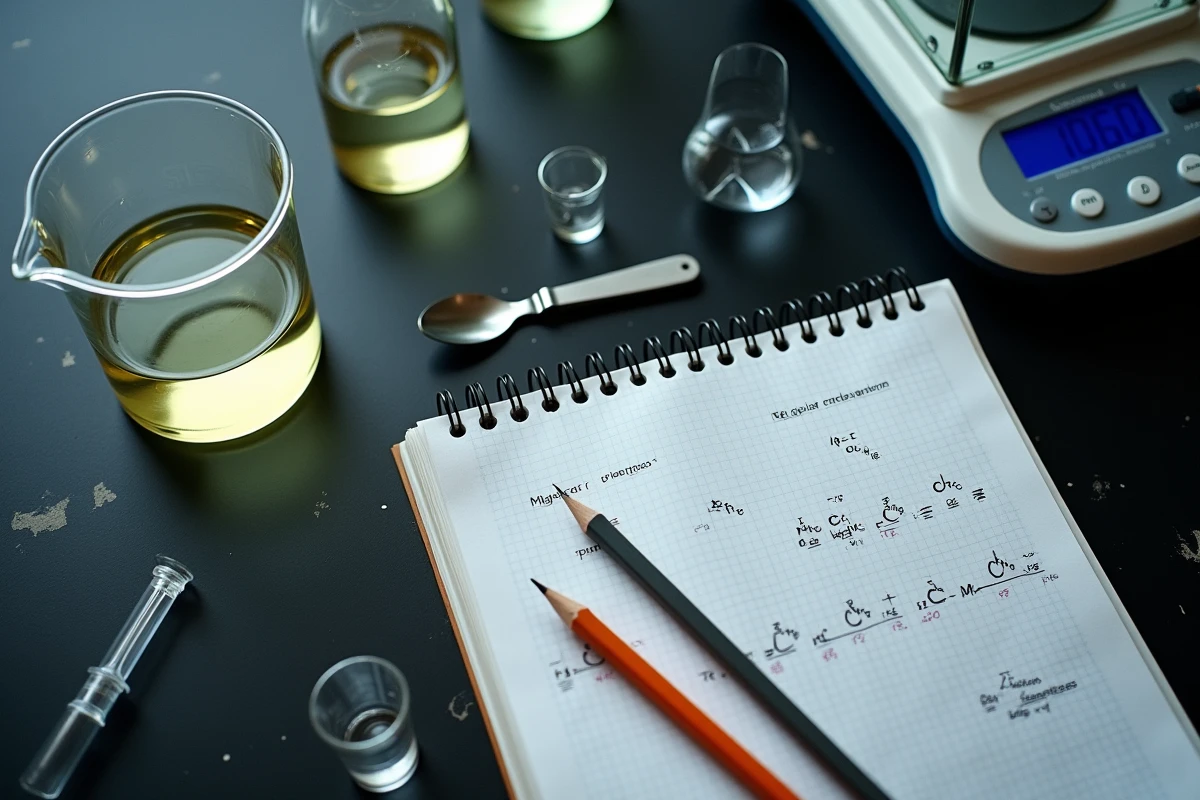Vue de dessus d'une paillasse de chimie avec bécher, balance analytique et cahier de calculs de concentration molaire