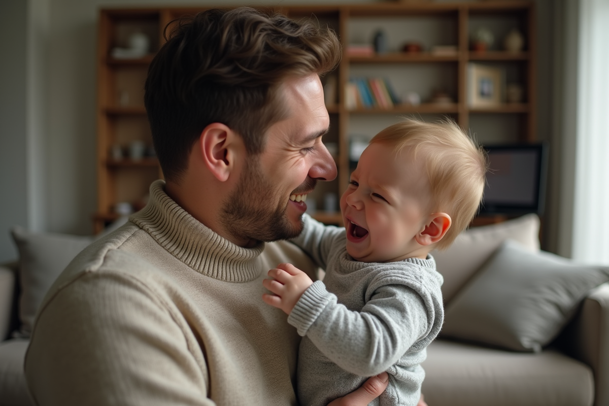 Père tenant son bébé de trois mois en pleurs dans le salon