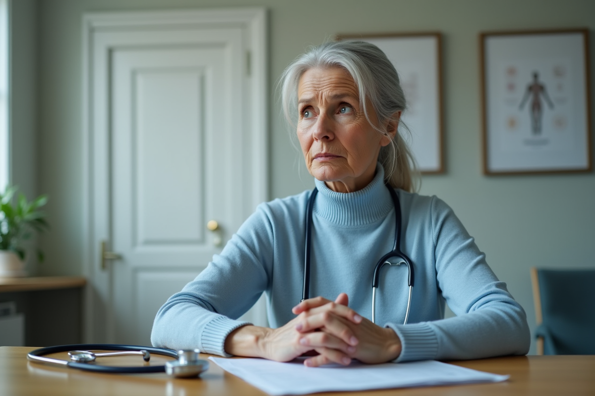 Femme d'âge moyen en consultation médicale anxieuse