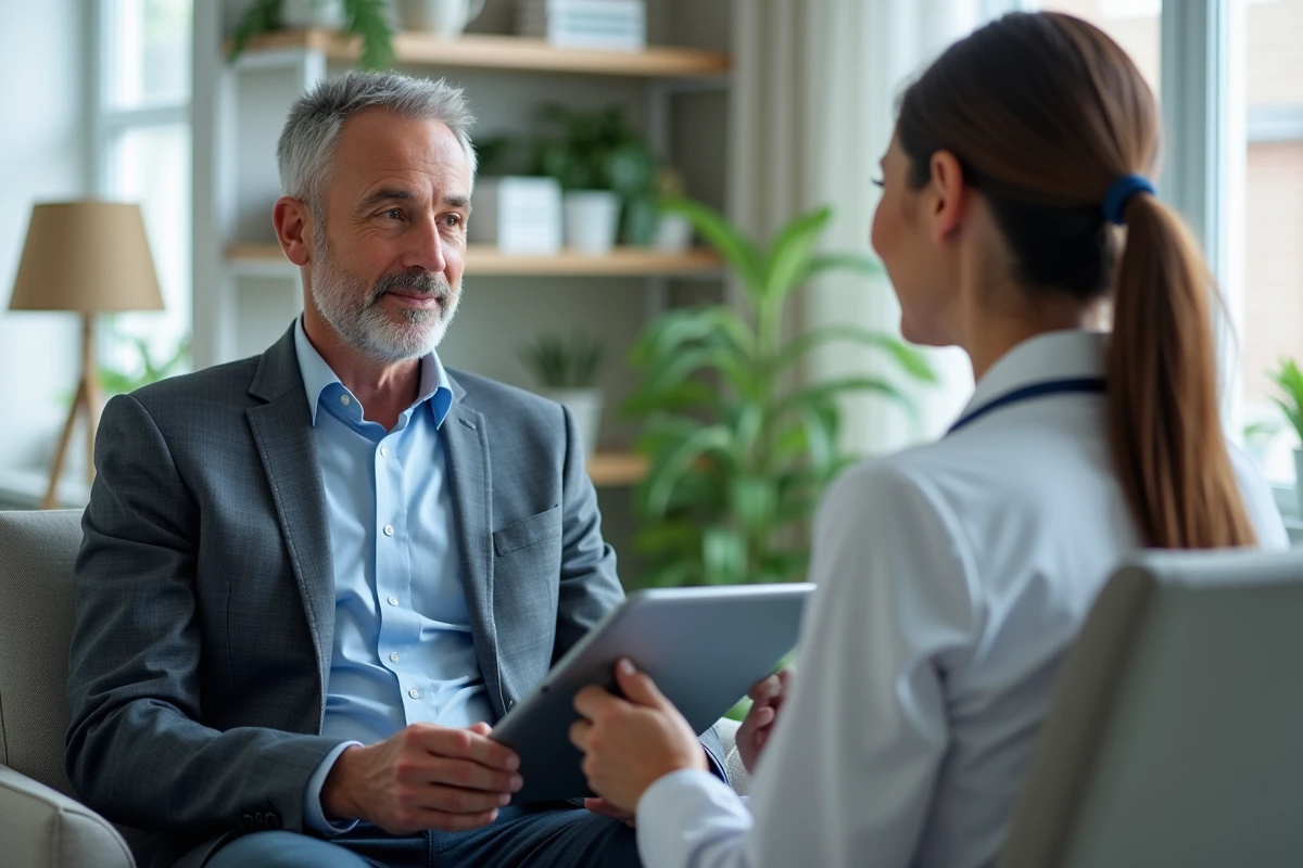 Patient et médecin discutant dans un cabinet moderne