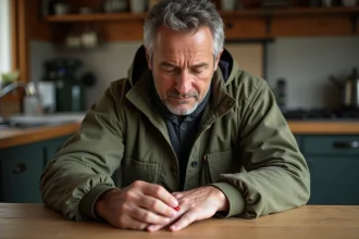 Pêcheur examinant une morsure de brochet sur sa main à une table en bois