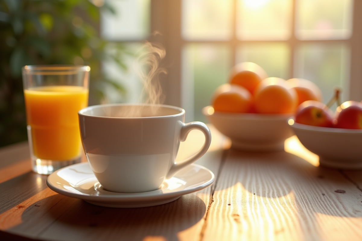 Table de petit déjeuner matinal avec café orange et fruits