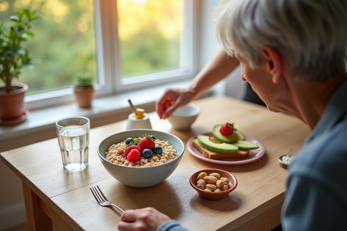 Petit déjeuner sain avec fruits et pain complet près d'une fenêtre