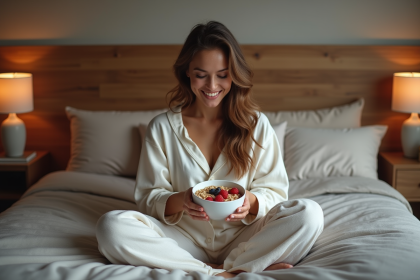 Femme en pyjama tenant un bol de porridge dans sa chambre