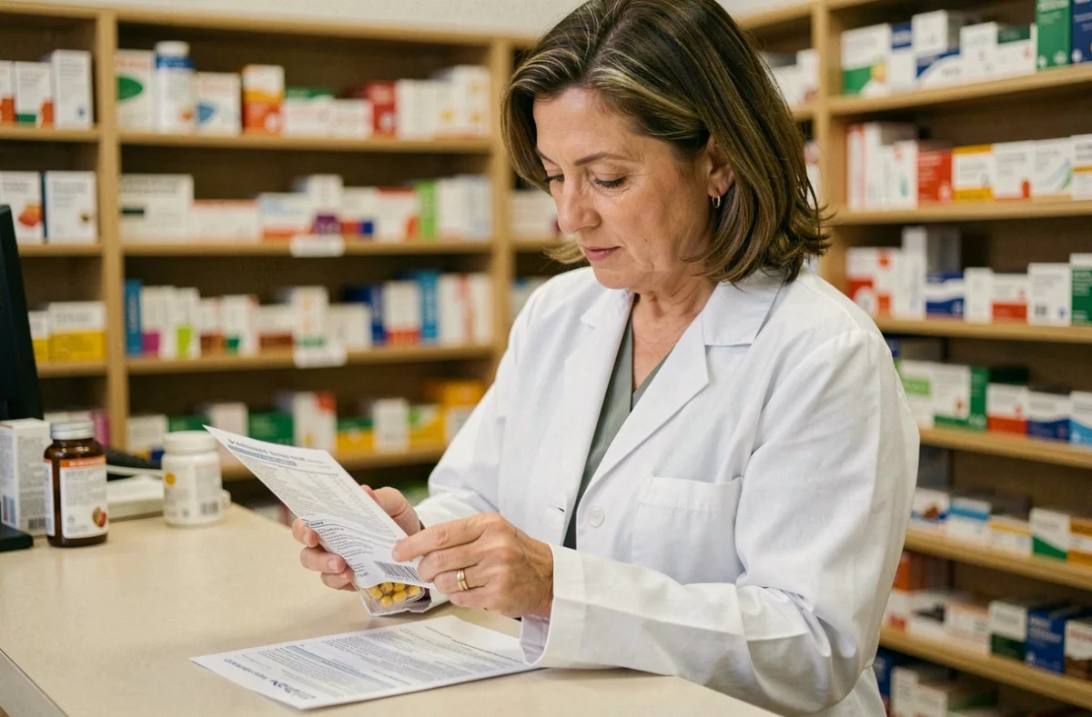 Pharmacienne examinant un complément alimentaire et sa notice médicale au comptoir d'une pharmacie