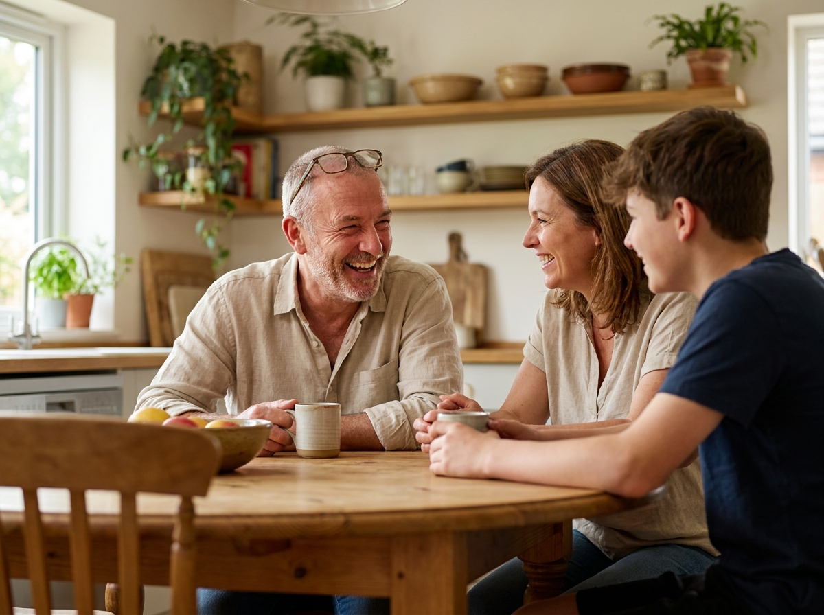 Grand-père souriant en conversation animée avec sa fille et son petit-enfant autour d'une table familiale