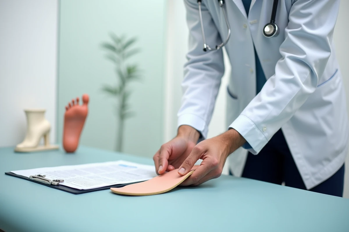 Podologue évaluant une semelle gel orthopédique dans un cabinet médical moderne