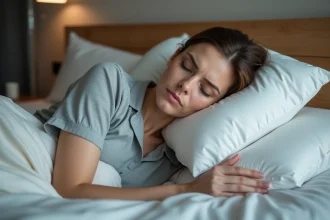 Femme allongée sur le côté avec un oreiller cervical ergonomique pour soulager le nerf trijumeau