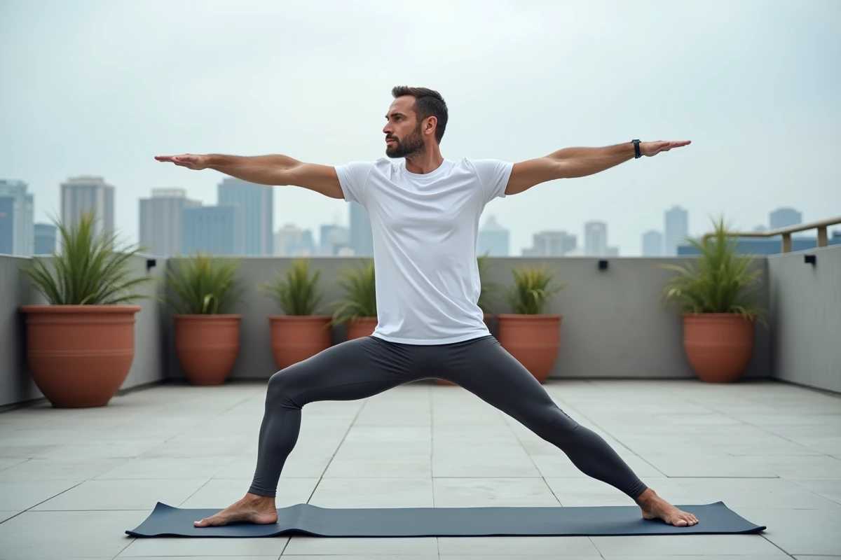 Homme en posture du guerrier deux sur un tapis de yoga sur une terrasse urbaine, représentant une séquence de yoga de niveau intermédiaire
