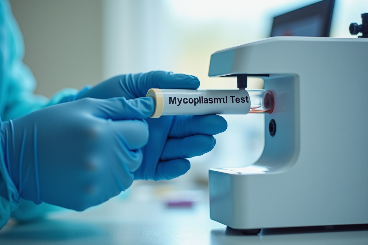 Main gantée plaçant un échantillon Mycoplasma dans un analyseur