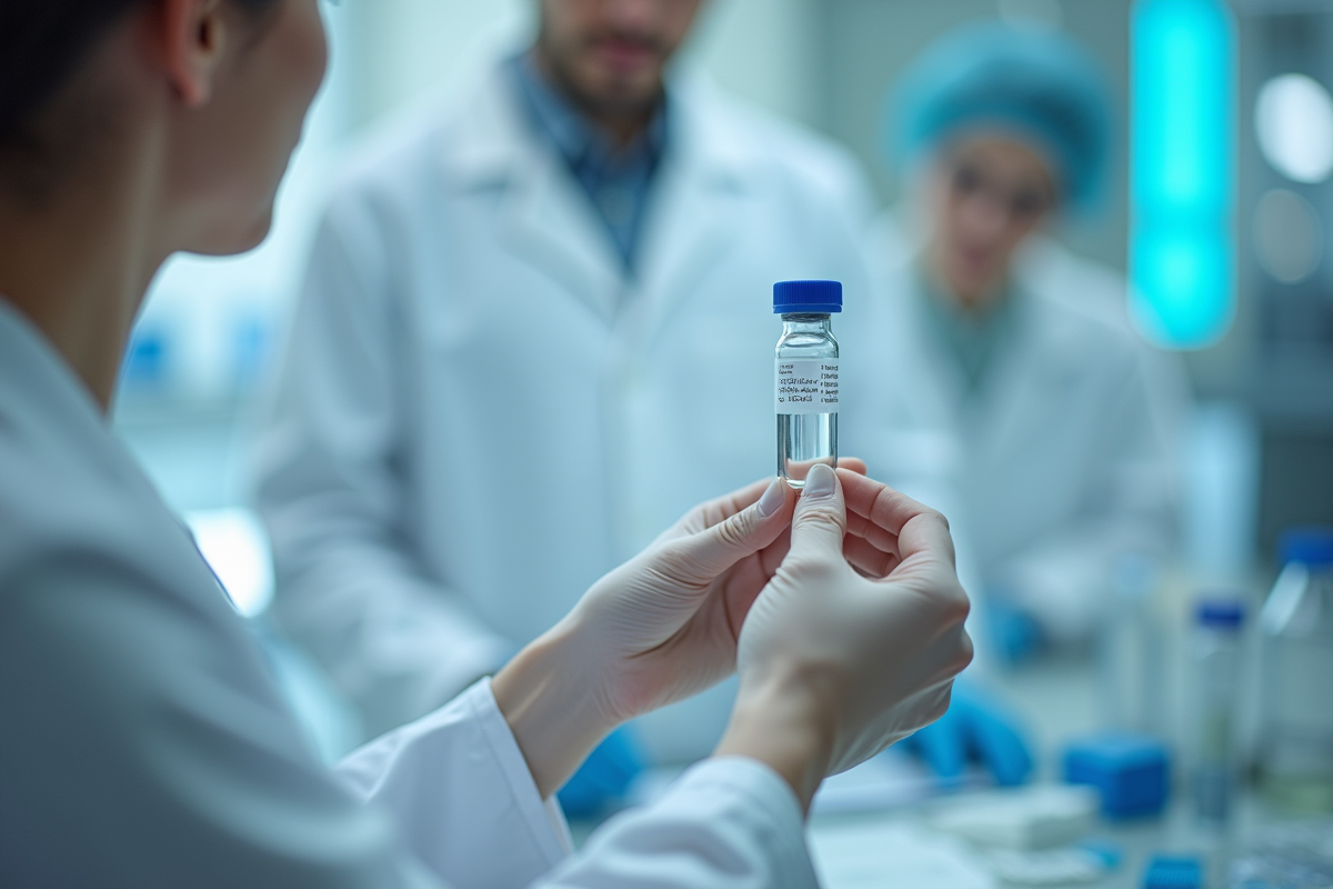 Main d'un technicien de laboratoire tenant un échantillon avec résultats en arrière-plan