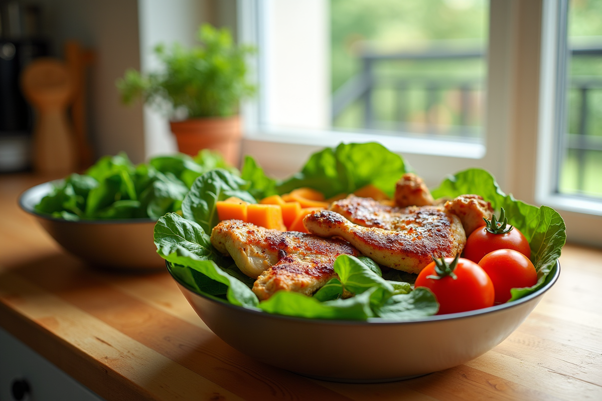 Repas sain avec poulet grille et légumes sur planche en bois