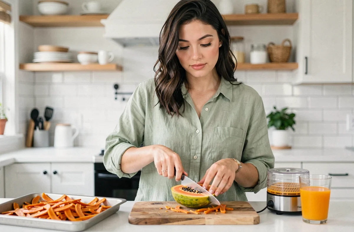 Jeune femme préparant de la papaye fraîche dans une cuisine moderne avec du jus et des lamelles séchées visibles en arrière-plan