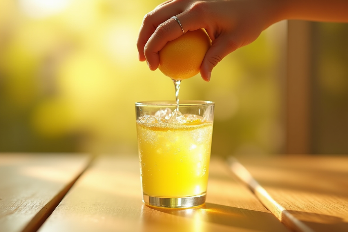 Main pressant un citron dans un verre lumineux
