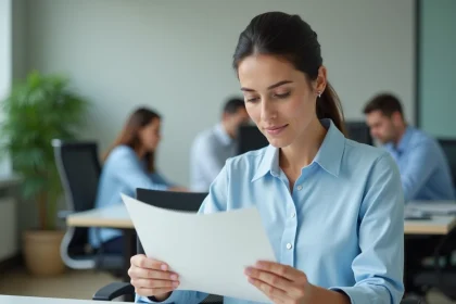 Employée en entreprise consultant un document de prévention santé au travail dans un bureau moderne et serein