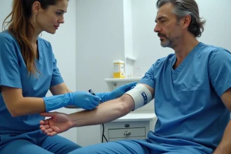 Infirmière réalisant une prise de sang sur un patient dans une clinique médicale propre, tubes d'analyses sanguines visibles en arrière-plan