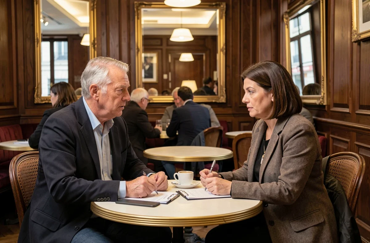 Deux proches en discussion sérieuse dans une brasserie parisienne traditionnelle, documents sur la table, illustrant la gestion discrète de la pression médiatique autour d'une personnalité malade