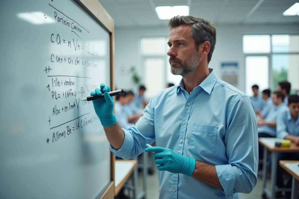 Professeur de chimie expliquant la formule de concentration d'une solution au tableau blanc en salle de classe