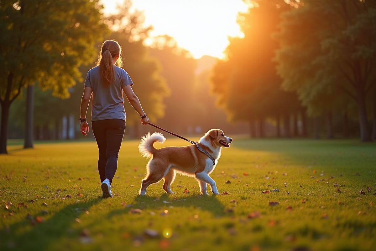 Personne heureuse marchant son chien dans un parc ensoleille