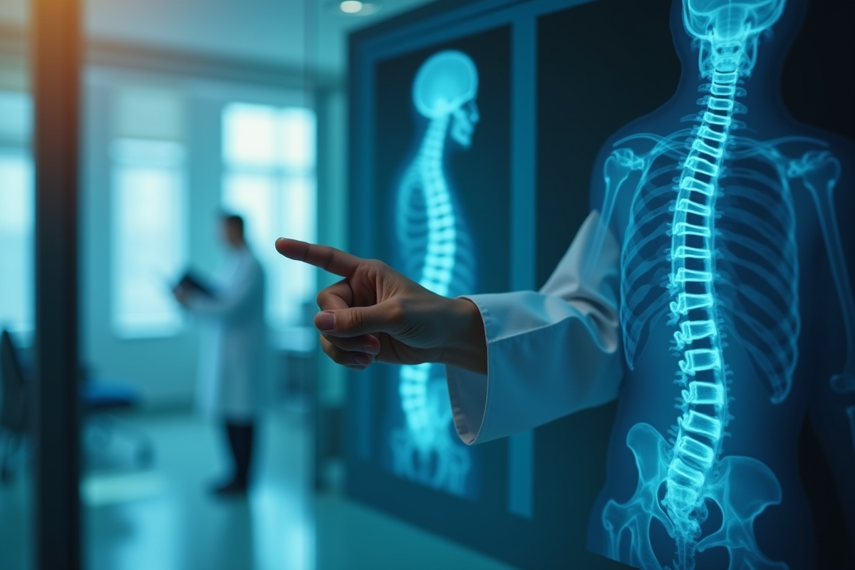 Zoom sur une radiographie de la colonne vertébrale en consultation