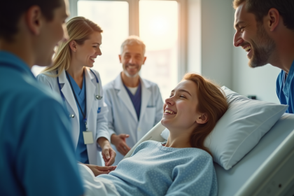 Jeune adulte dans un lit d'hôpital entouré de proches et médecins
