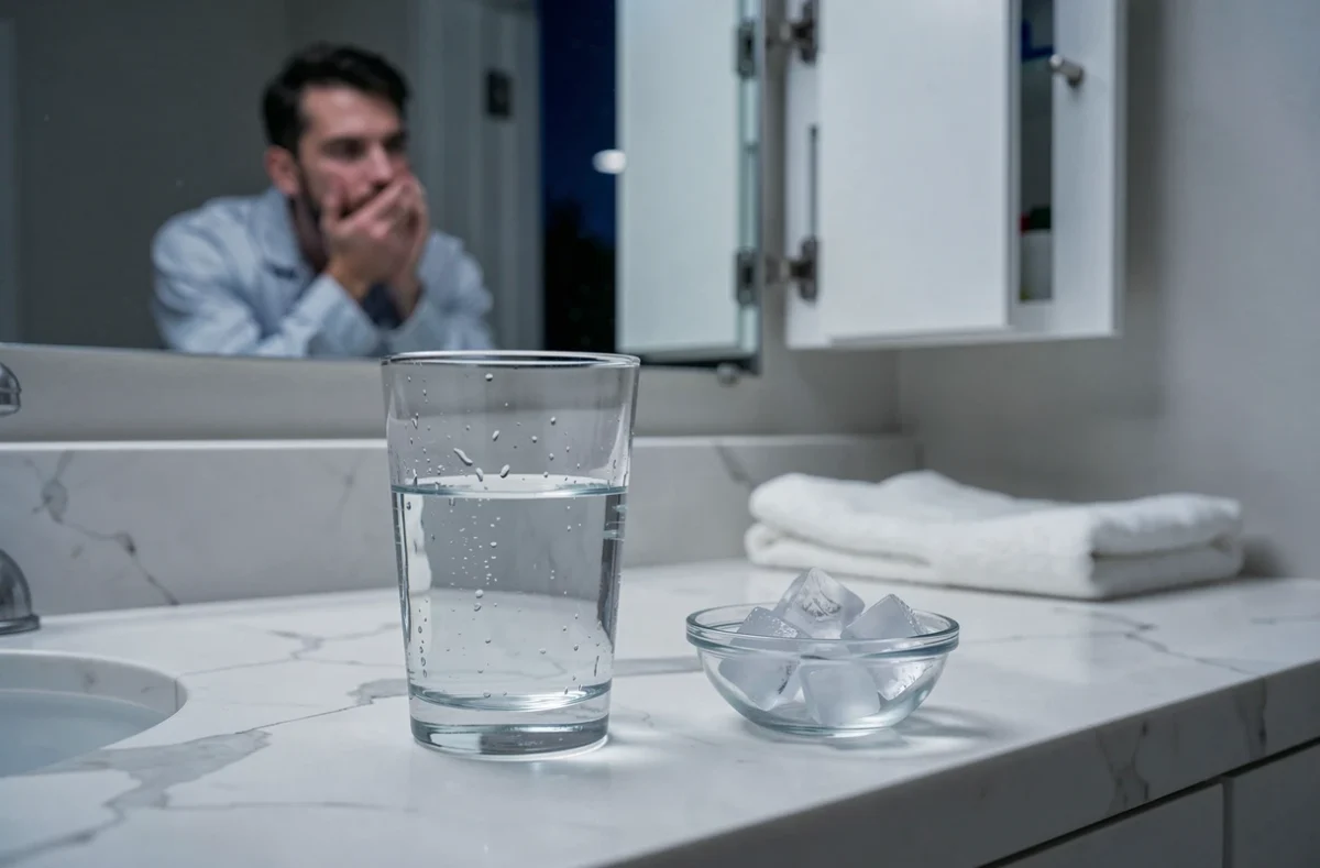 Verre d'eau fraîche et glaçons sur un comptoir de salle de bain la nuit, remède pour soulager une brûlure au palais