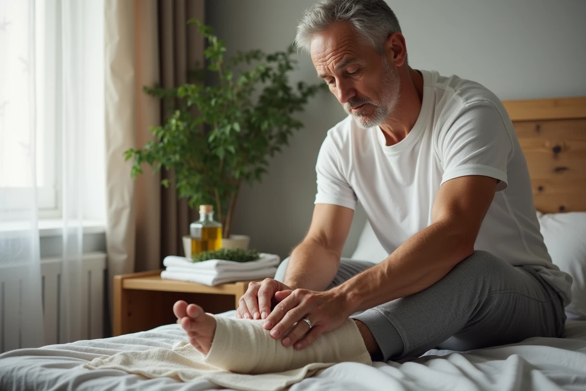 Homme appliquant un cataplasme maison sur le talon pour soulager la douleur de l'épine calcanéenne