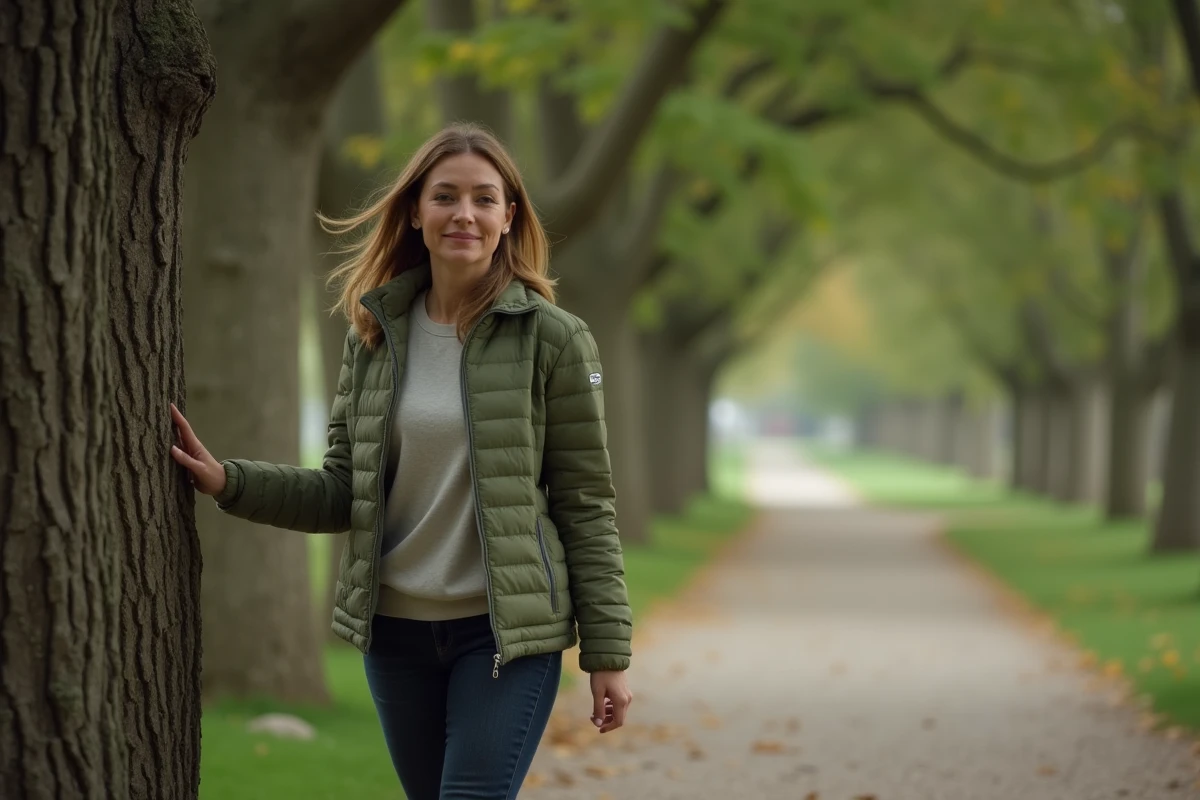 Femme en rémission de la maladie de Ménière reprenant la marche en plein air dans un parc