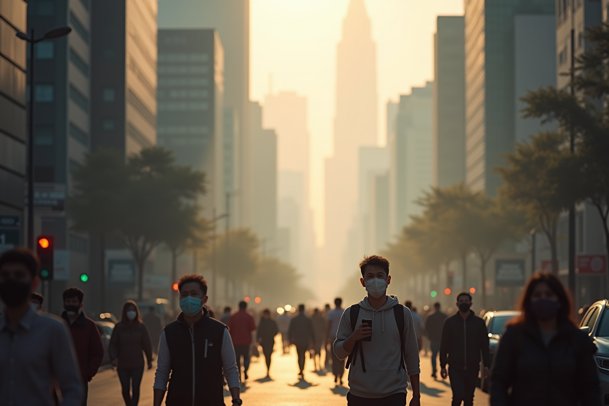 Rue animée avec pollution et personnes masquées
