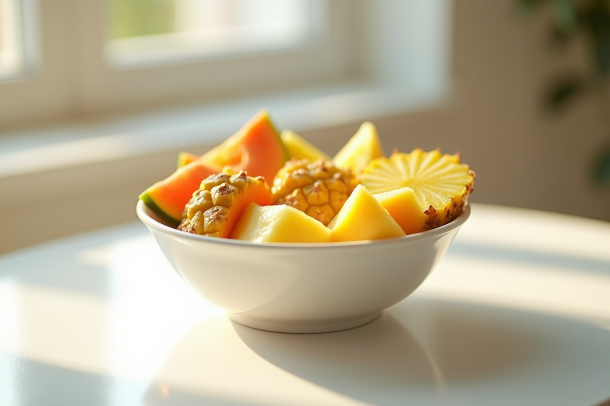 Salade de fruits frais sur table en matinée ensoleillée