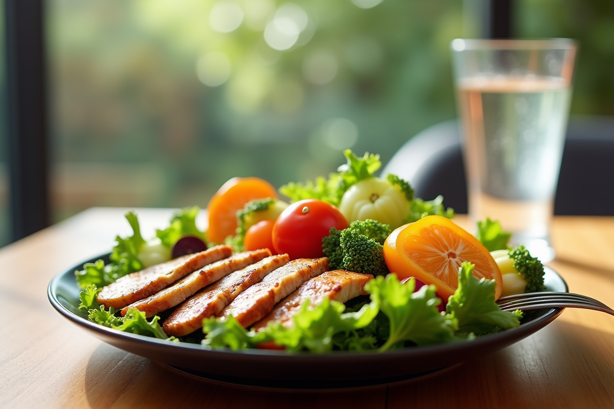 Salade colorée avec légumes et poulet grillé sur une table