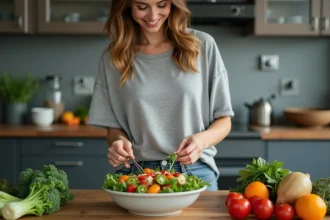 Femme préparant une salade colorée dans une cuisine moderne