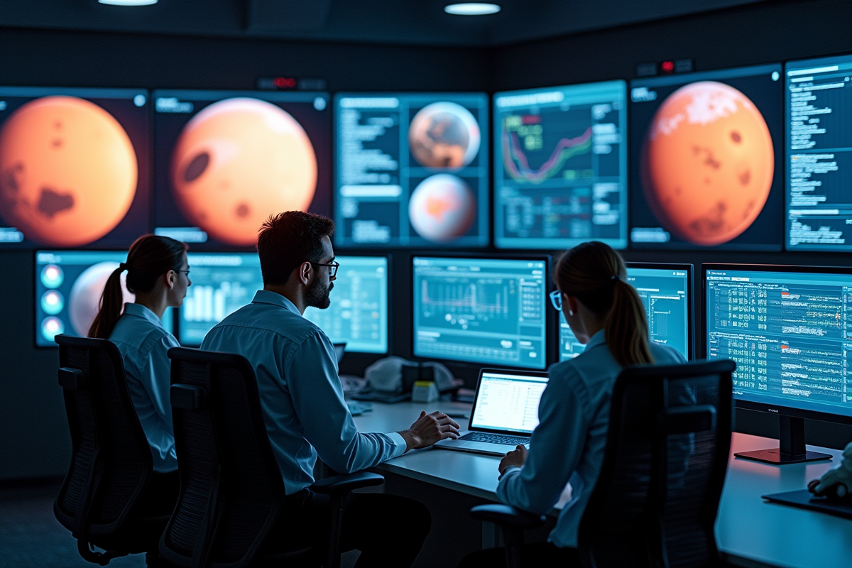 Salle de contrôle futuriste avec chercheurs analysant des données martiennes