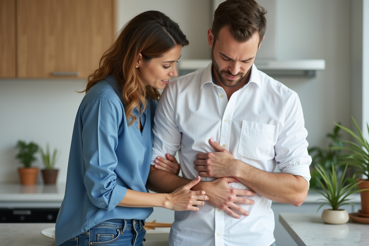 Femme aidant un homme en cuisine lors d'une manœuvre Heimlich