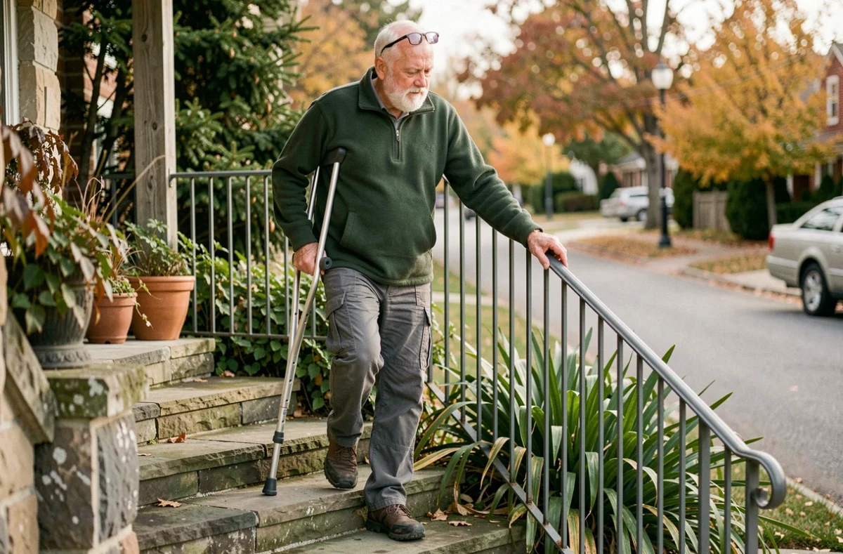 Senior homme utilisant une béquille pour descendre des marches extérieures en toute sécurité