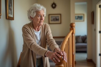 Femme senior descend doucement un escalier à la maison