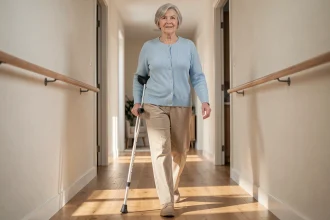 Senior femme marchant avec une béquille dans un couloir intérieur sécurisé, posture droite et appui stable