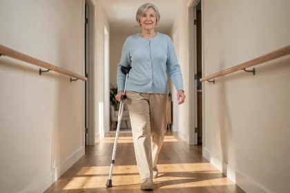 Senior femme marchant avec une béquille dans un couloir intérieur sécurisé, posture droite et appui stable